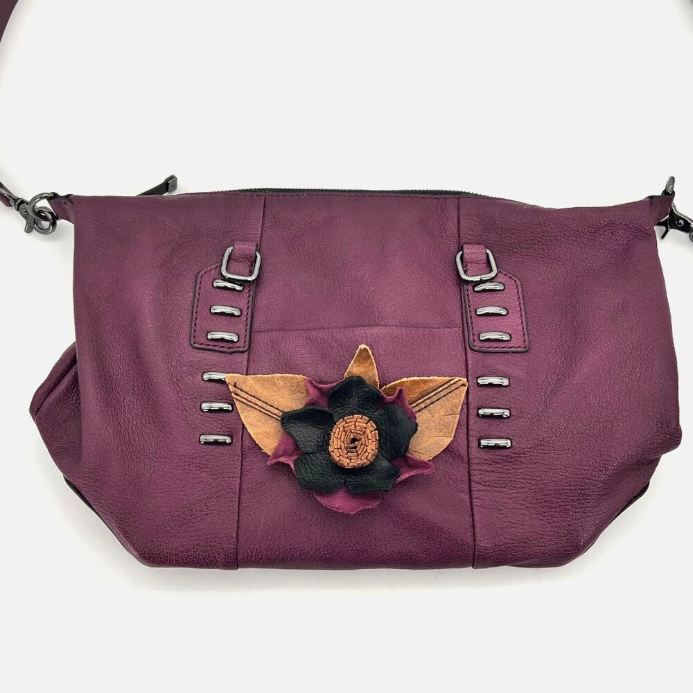 Joy Gryson Crossbody Bag Purse Purple Soft Goatskin & Cow Leather Zippers Flower